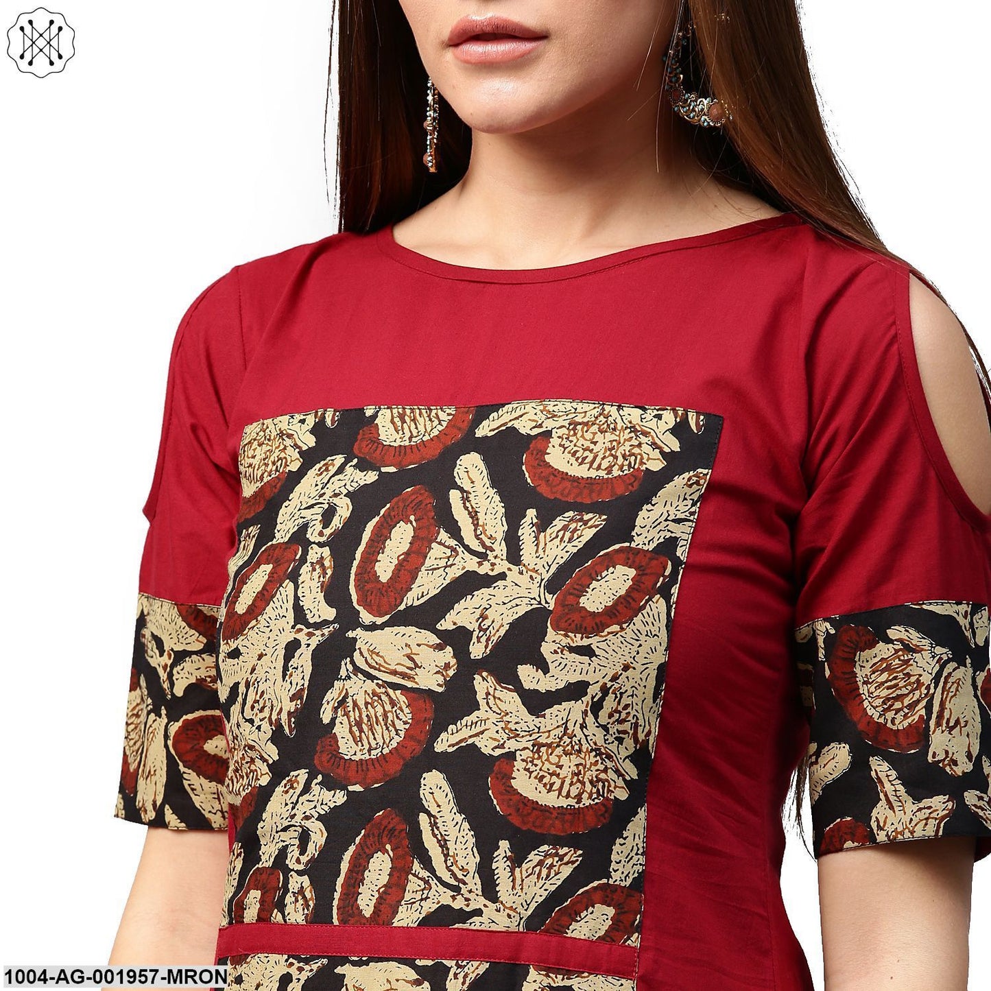 Maroon Printed Half Sleeve Cotton Kurta