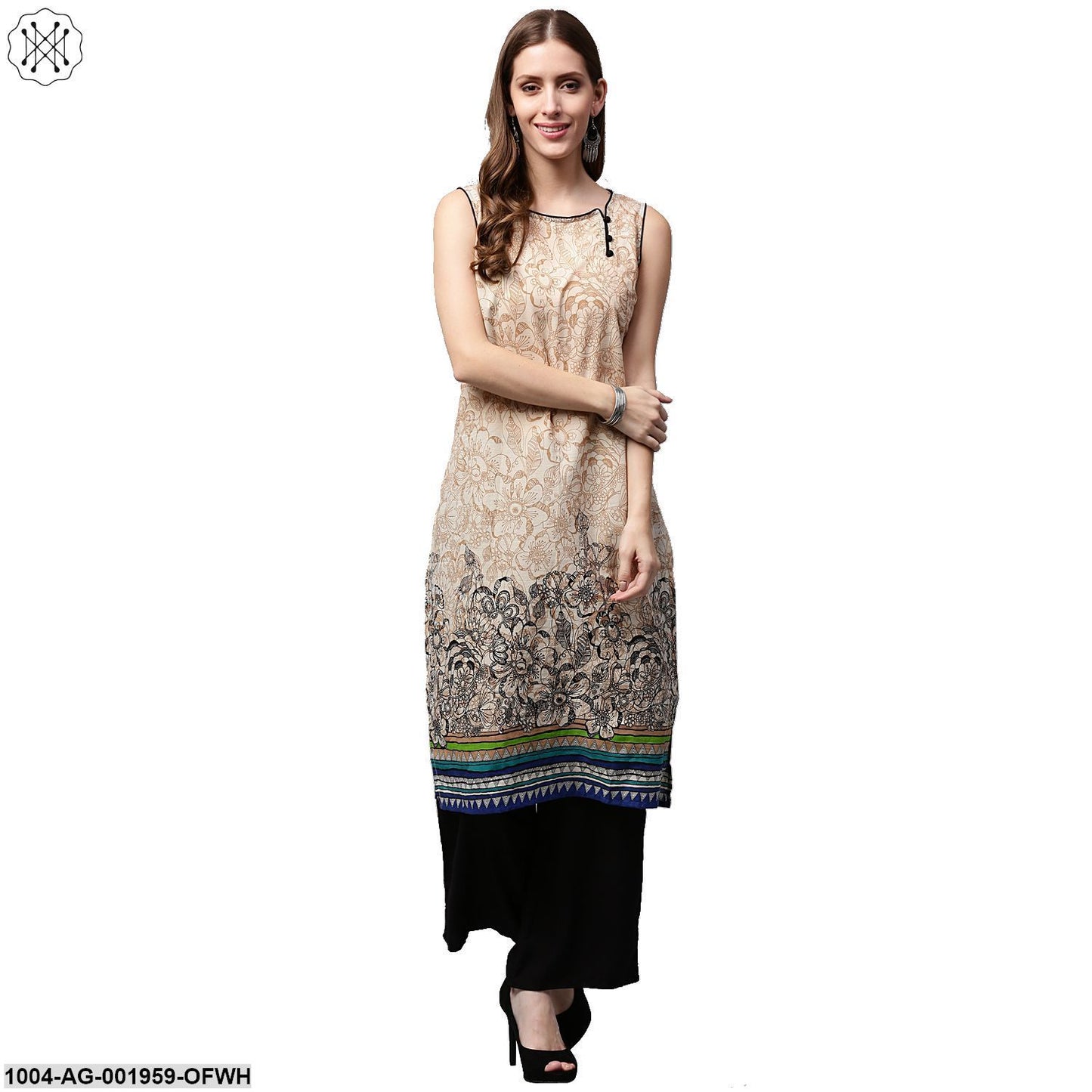 Off White Printed Sleeveless Cotton Kurta