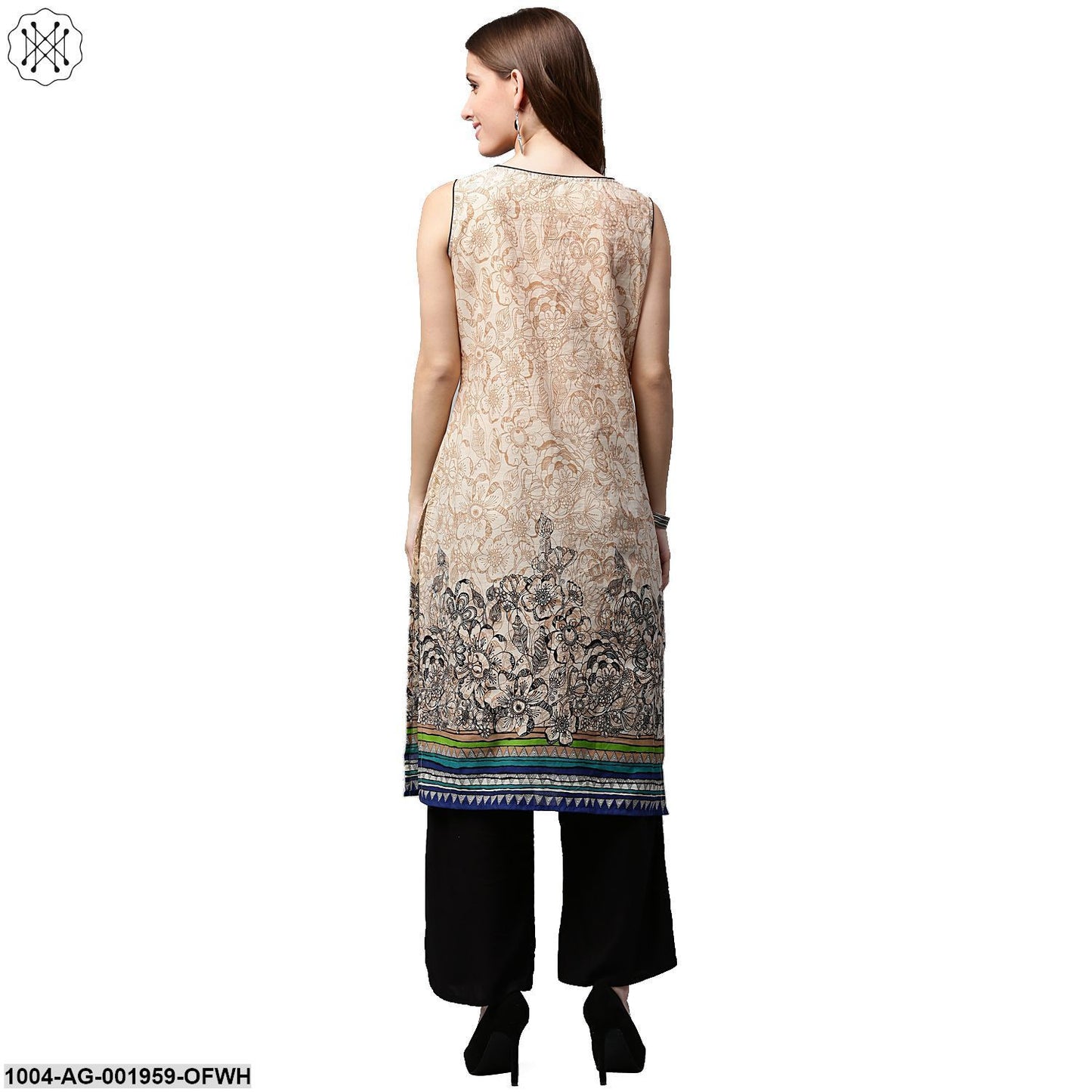 Off White Printed Sleeveless Cotton Kurta