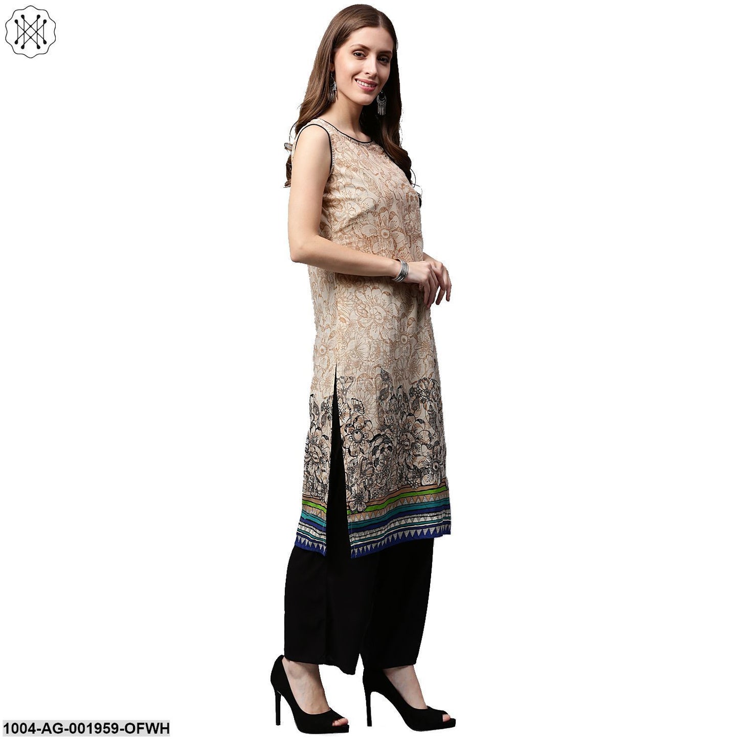 Off White Printed Sleeveless Cotton Kurta
