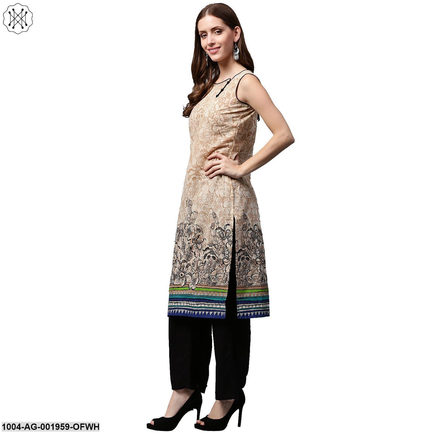 Off White Printed Sleeveless Cotton Kurta