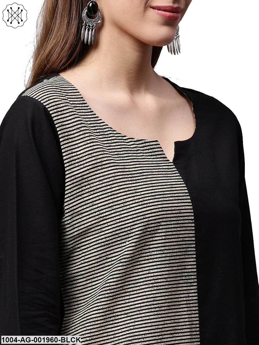 Black Printed 3/4Th Sleeve Cotton Kurta