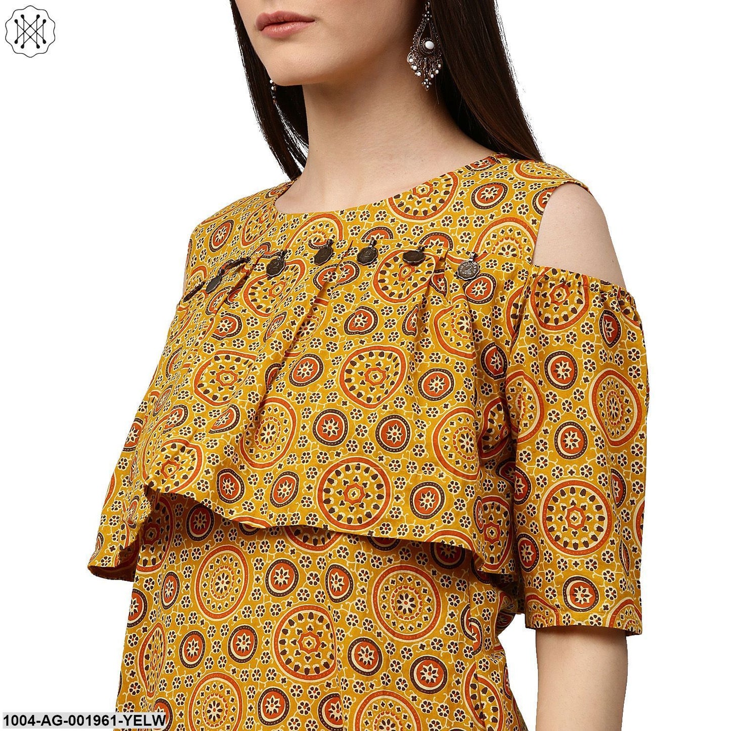 Yellow Printed Sleeveless Cotton A-Line Kurta