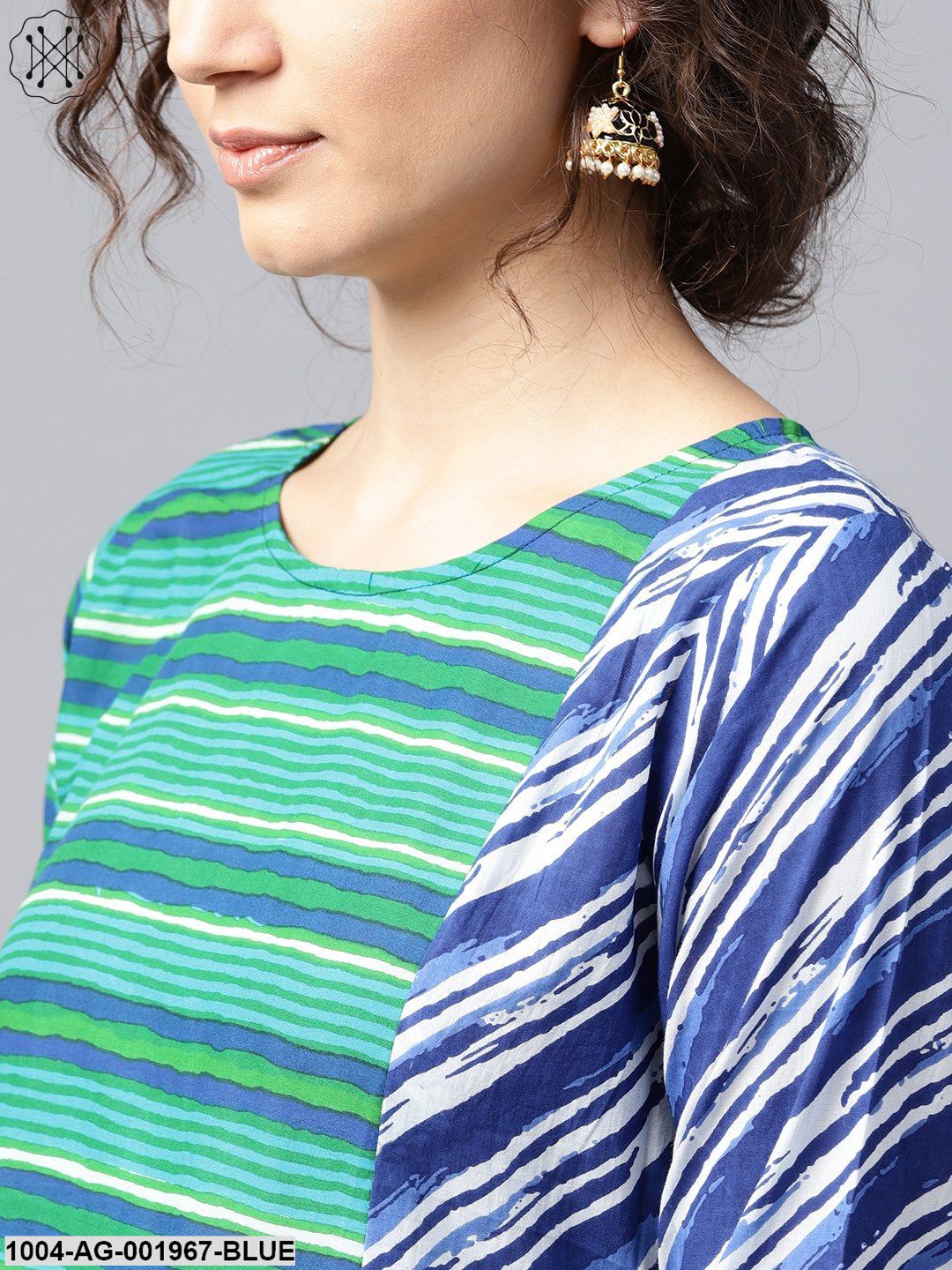Blue & Green Striped 3/4Th Sleeve Cotton Anarkali Kurta