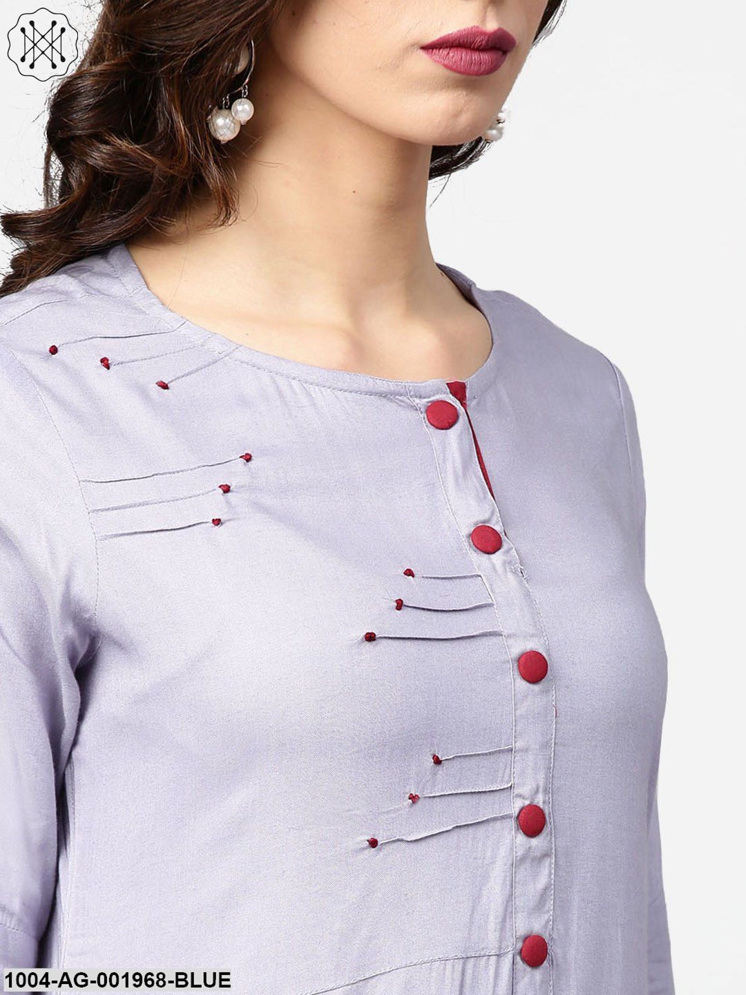 Blue 3/4Th Sleeve Rayon Straight Kurta