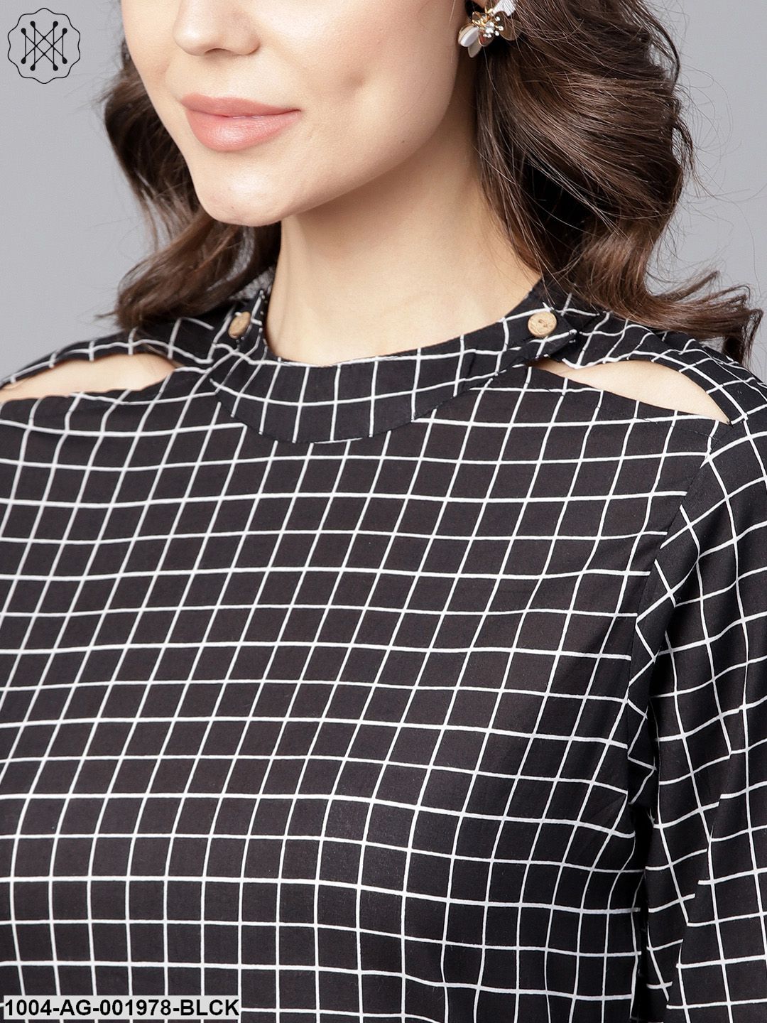 Black Check 3/4Th Sleeve Cotton Kurta