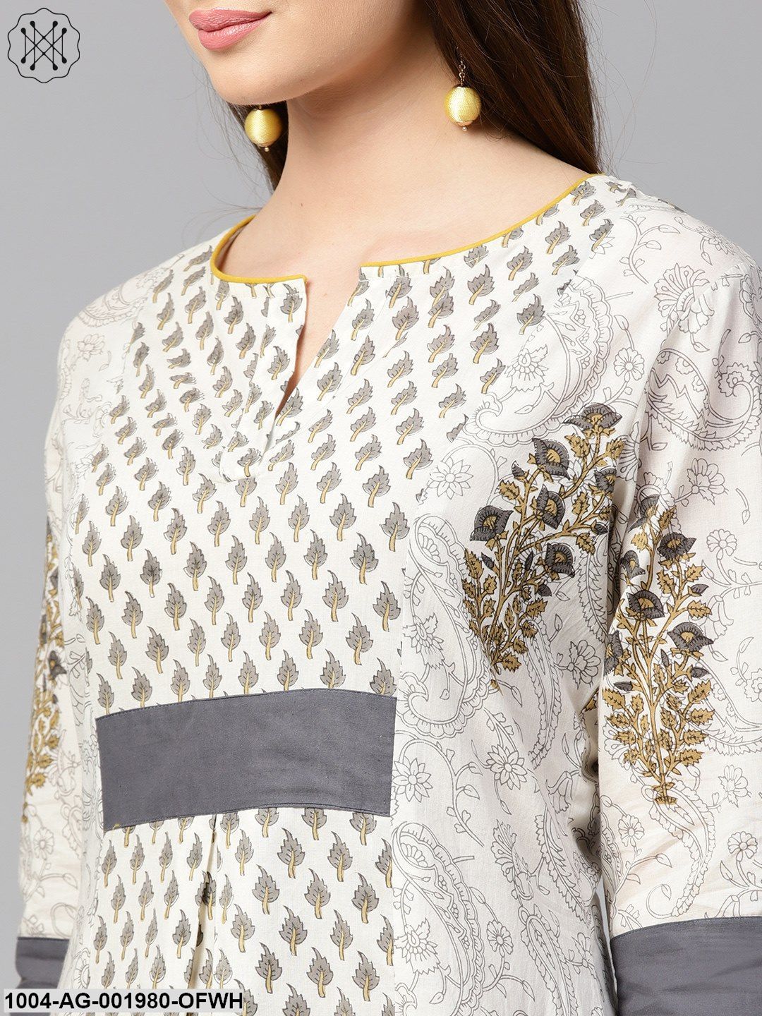 Off White Printed Half Sleeve Cotton A-Line Kurta