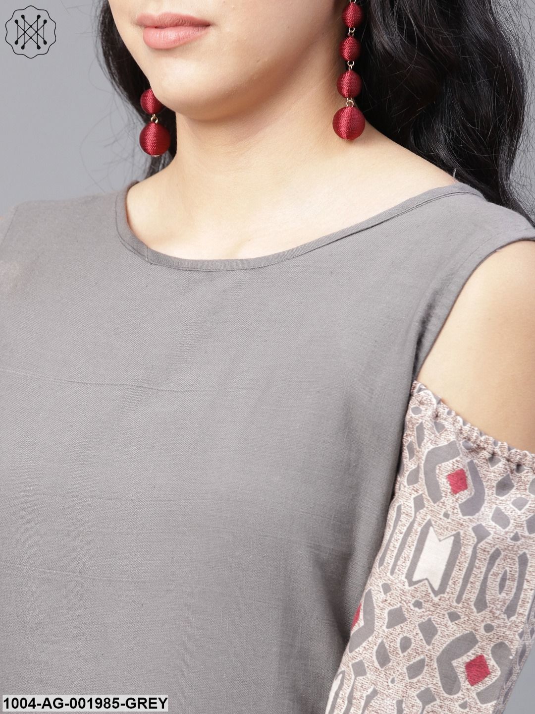 Grey Printed Half Sleeve Cold Shoulder Straight Kurta