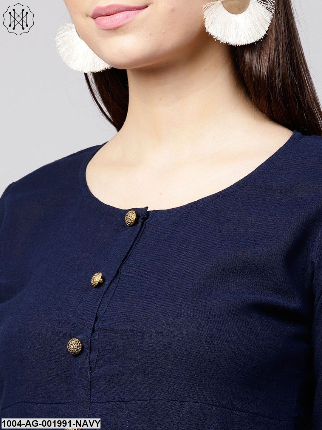 Solid Navy Blue 3/4Th Sleeve Cotton Slub Anarkali Kurta