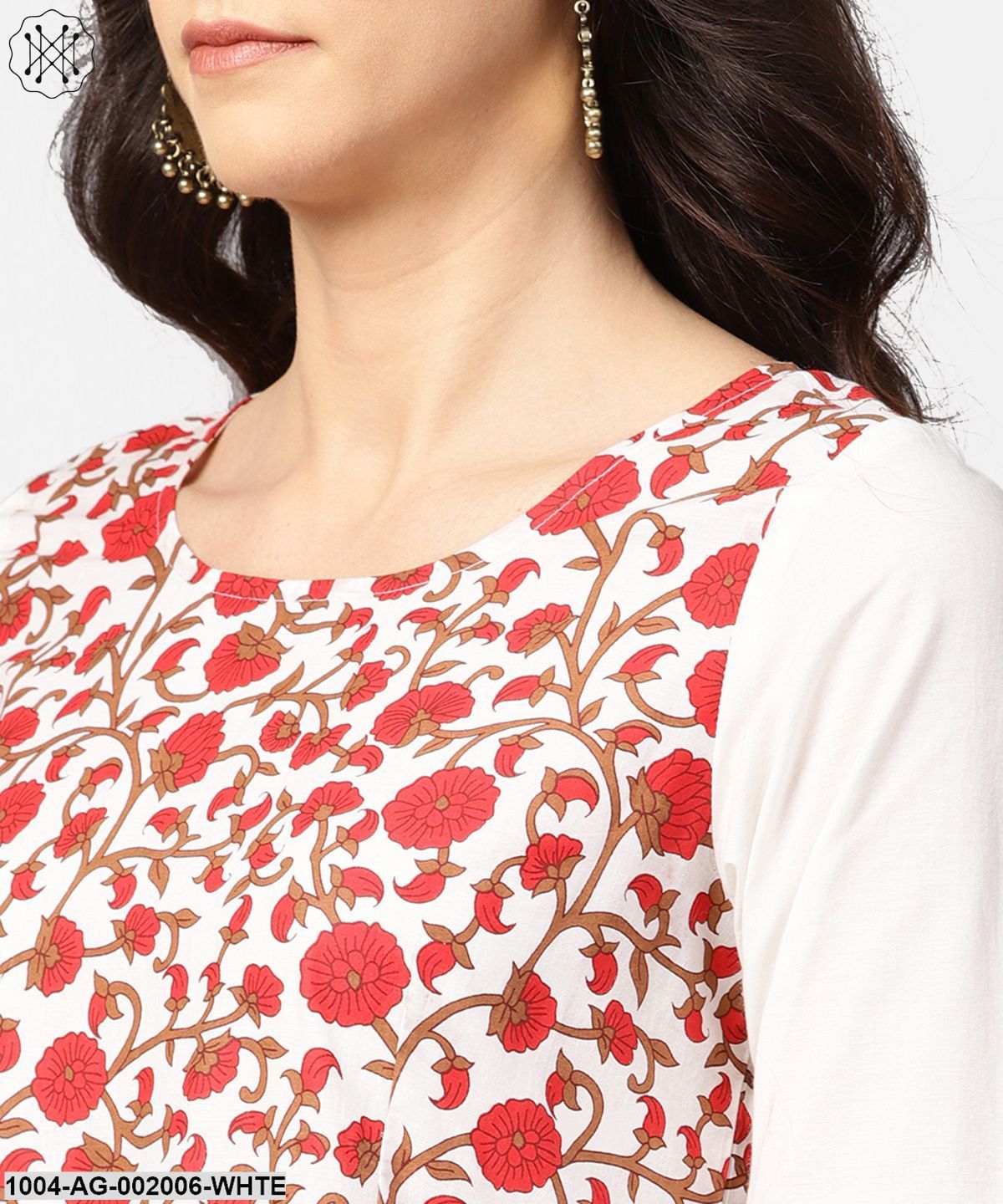 White & Red Block Printed 3/4Th Sleeve Cotton Anarkali Kurta