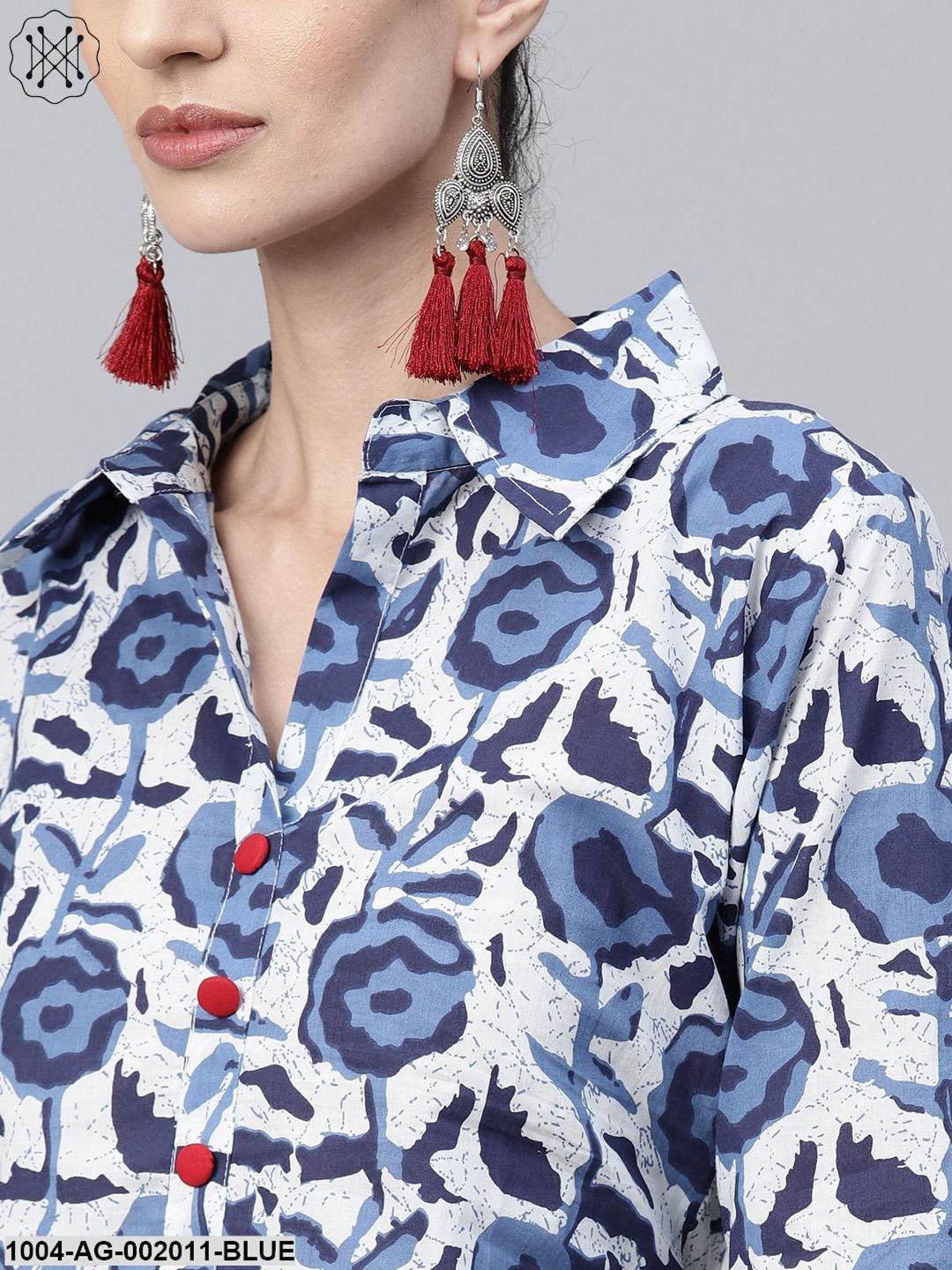 Blue Printed 3/4 Sleeve Long Cotton Kurta