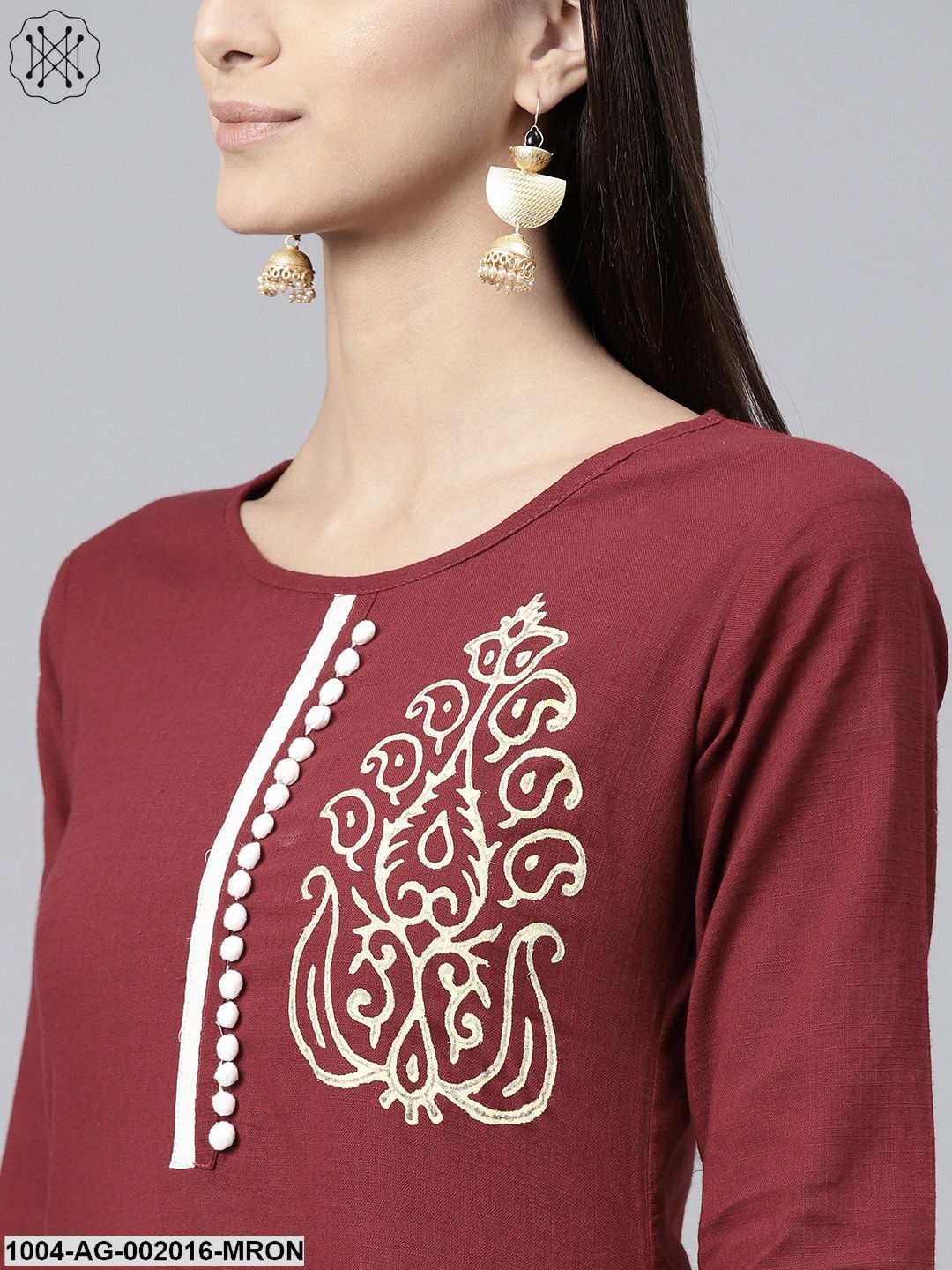 Maroon 3/4Th Sleeve Cotton A-Line Kurta With Block Printed In Yoke & Border