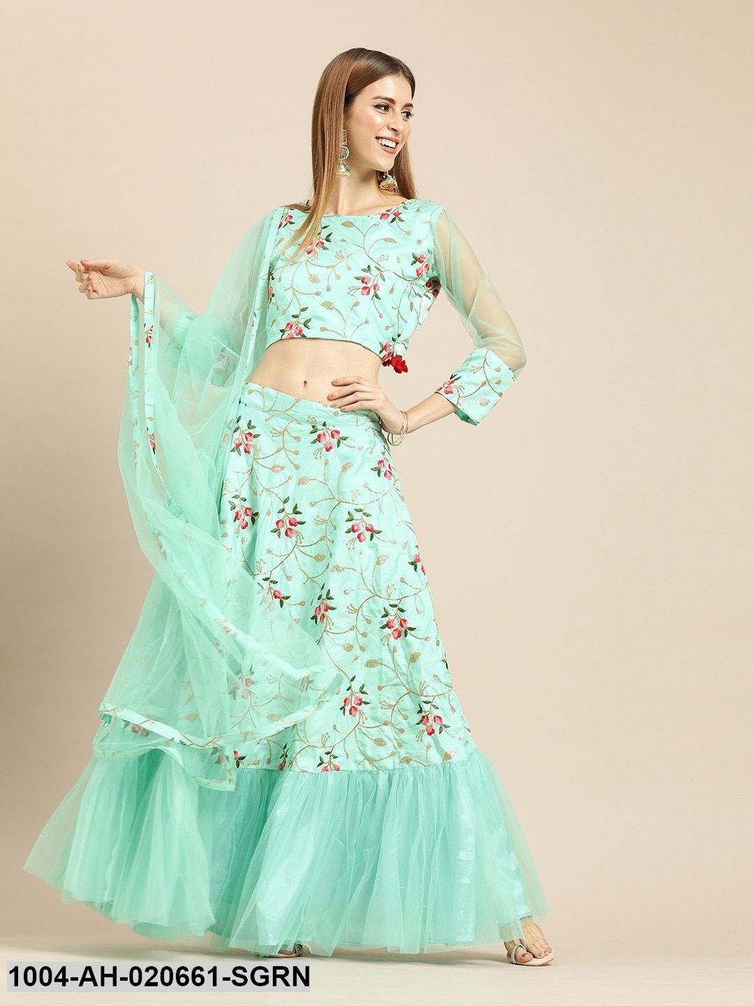 Sea Green & Pink Embroidered Ready to Wear Lehenga & Blouse with Dupatta