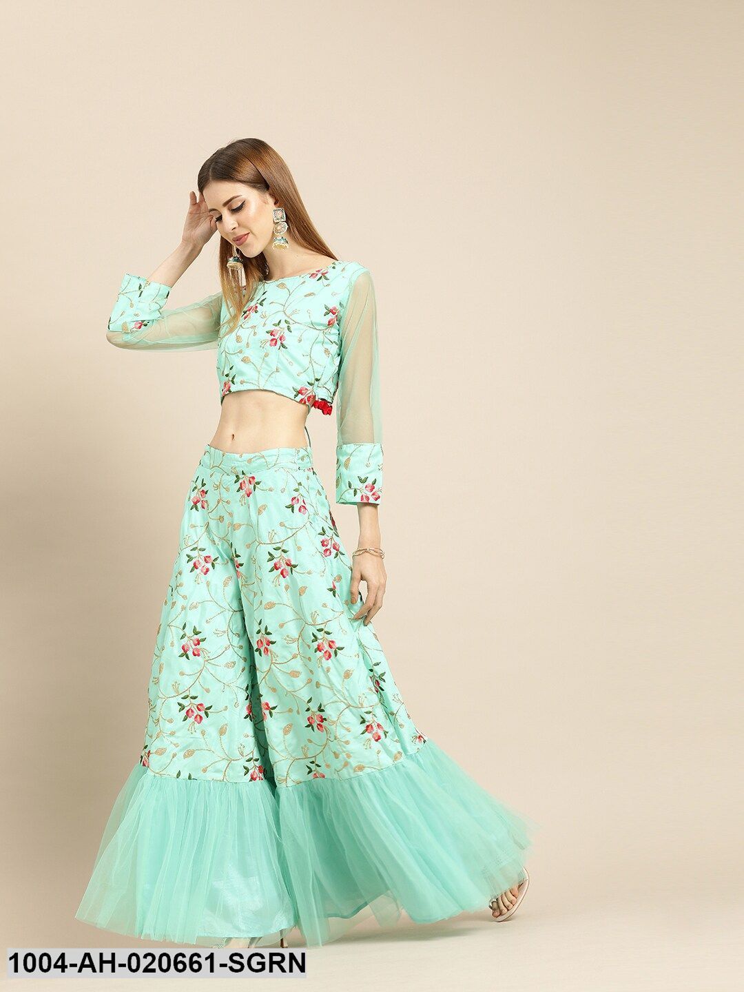 Sea Green & Pink Embroidered Ready to Wear Lehenga & Blouse with Dupatta