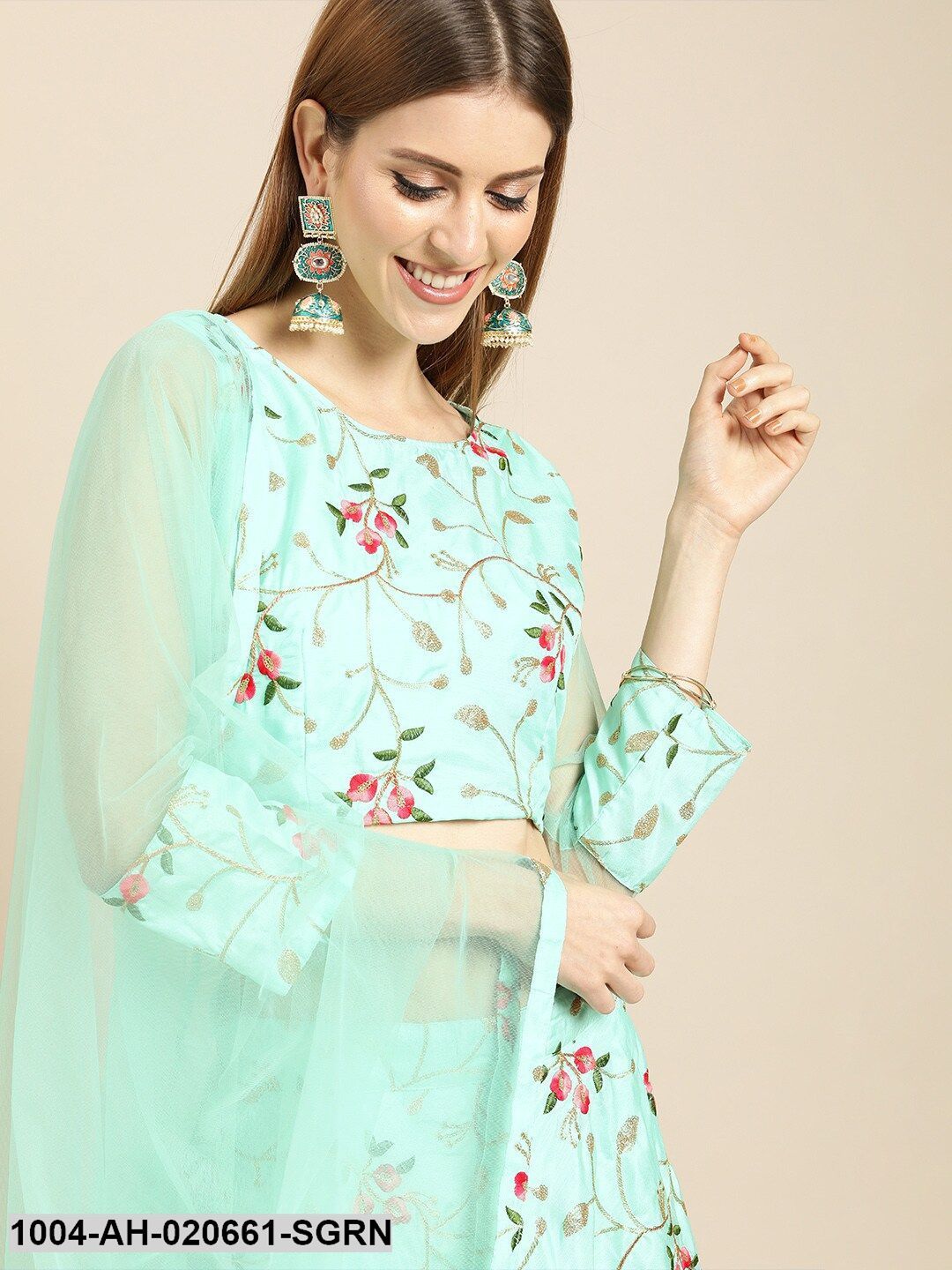 Sea Green & Pink Embroidered Ready to Wear Lehenga & Blouse with Dupatta