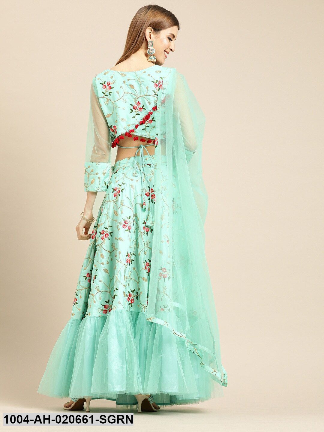 Sea Green & Pink Embroidered Ready to Wear Lehenga & Blouse with Dupatta