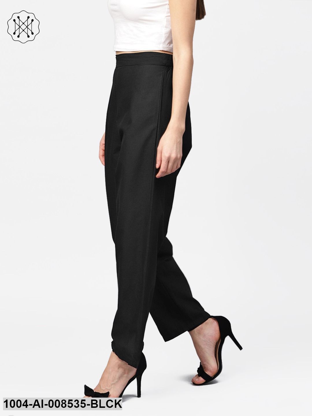 Solid Black Ankle Length Cotton Regular Fit Palazzo