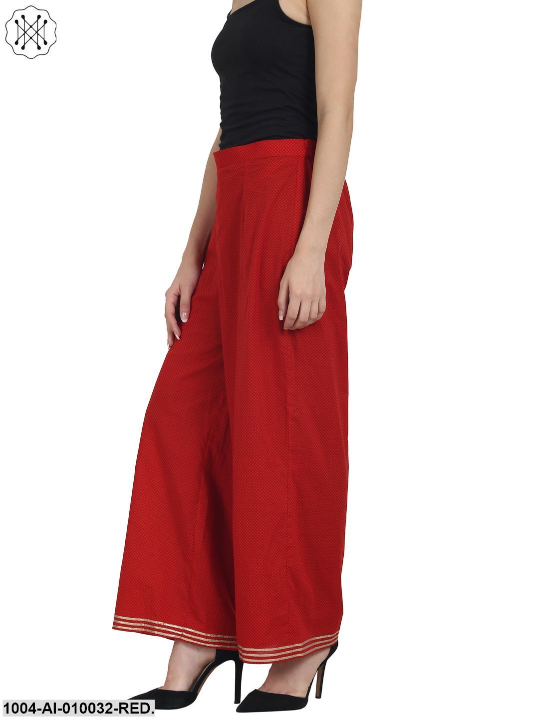Red Printed Cotton Ankle Length Kurta Gotta Lace