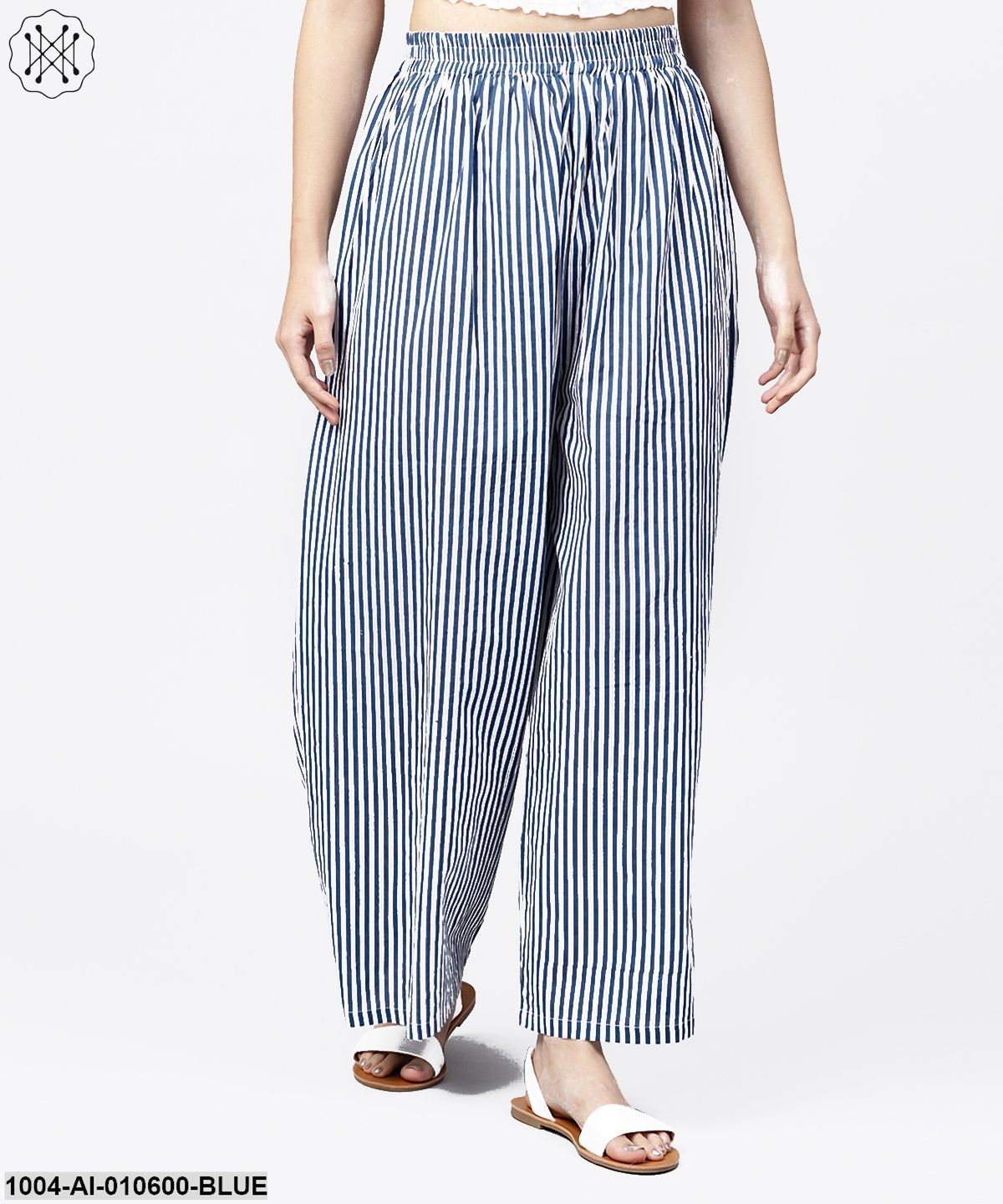Blue Striped Printed Ankle Length Cotton Regular Fit Palazzo