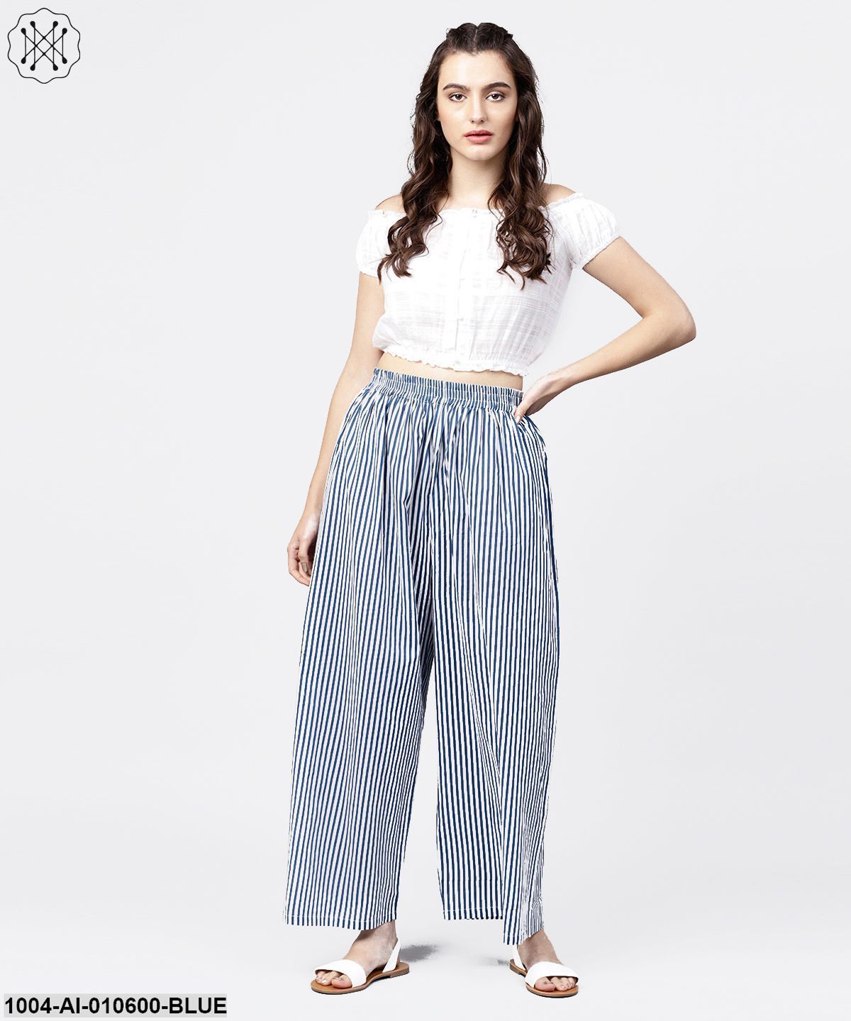 Blue Striped Printed Ankle Length Cotton Regular Fit Palazzo