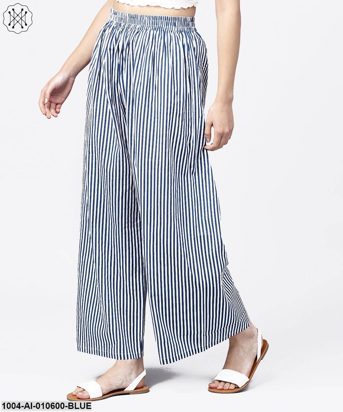 Blue Striped Printed Ankle Length Cotton Regular Fit Palazzo