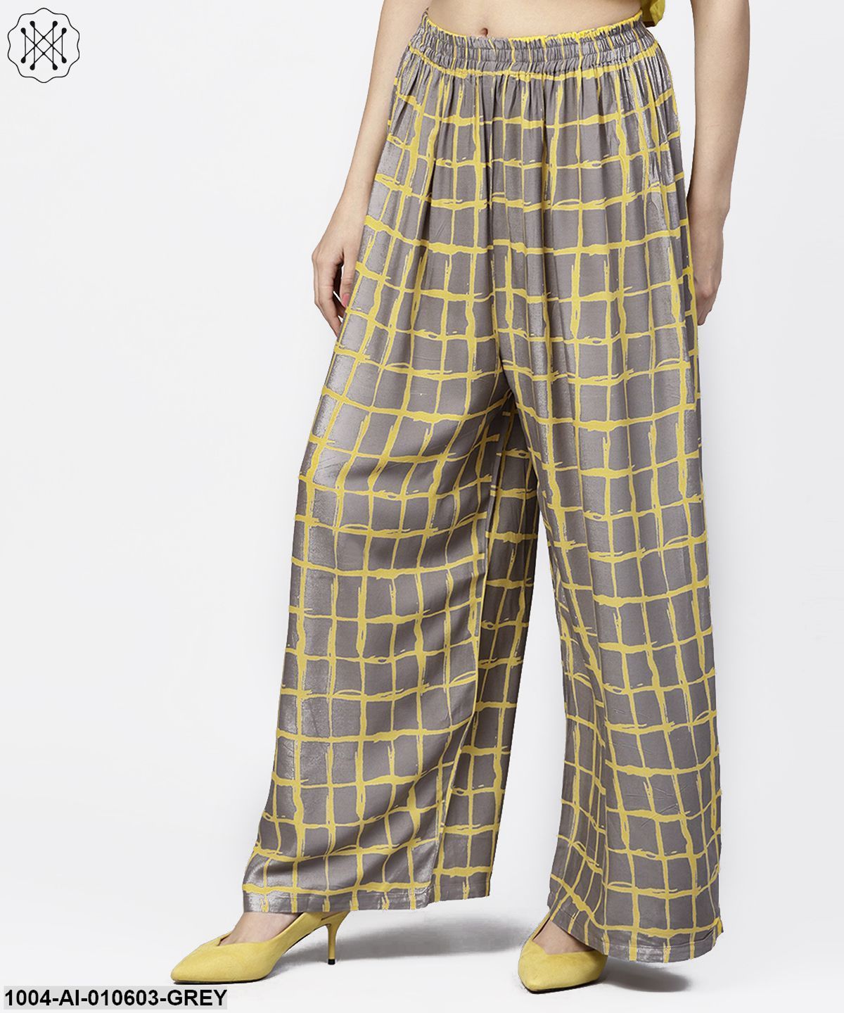 Grey & Yellow Checked Cotton Ankle Length Pallazo