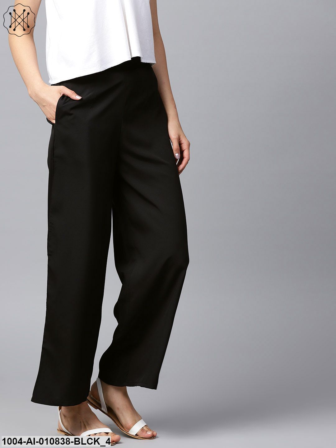 Black Solid Ankle Length Crepe Palazzo With Side Pocket