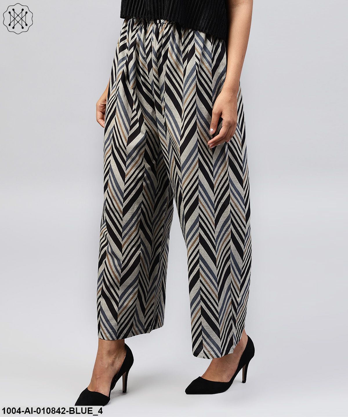 Blue Printed Cotton Ankle Length Straight Palazzo