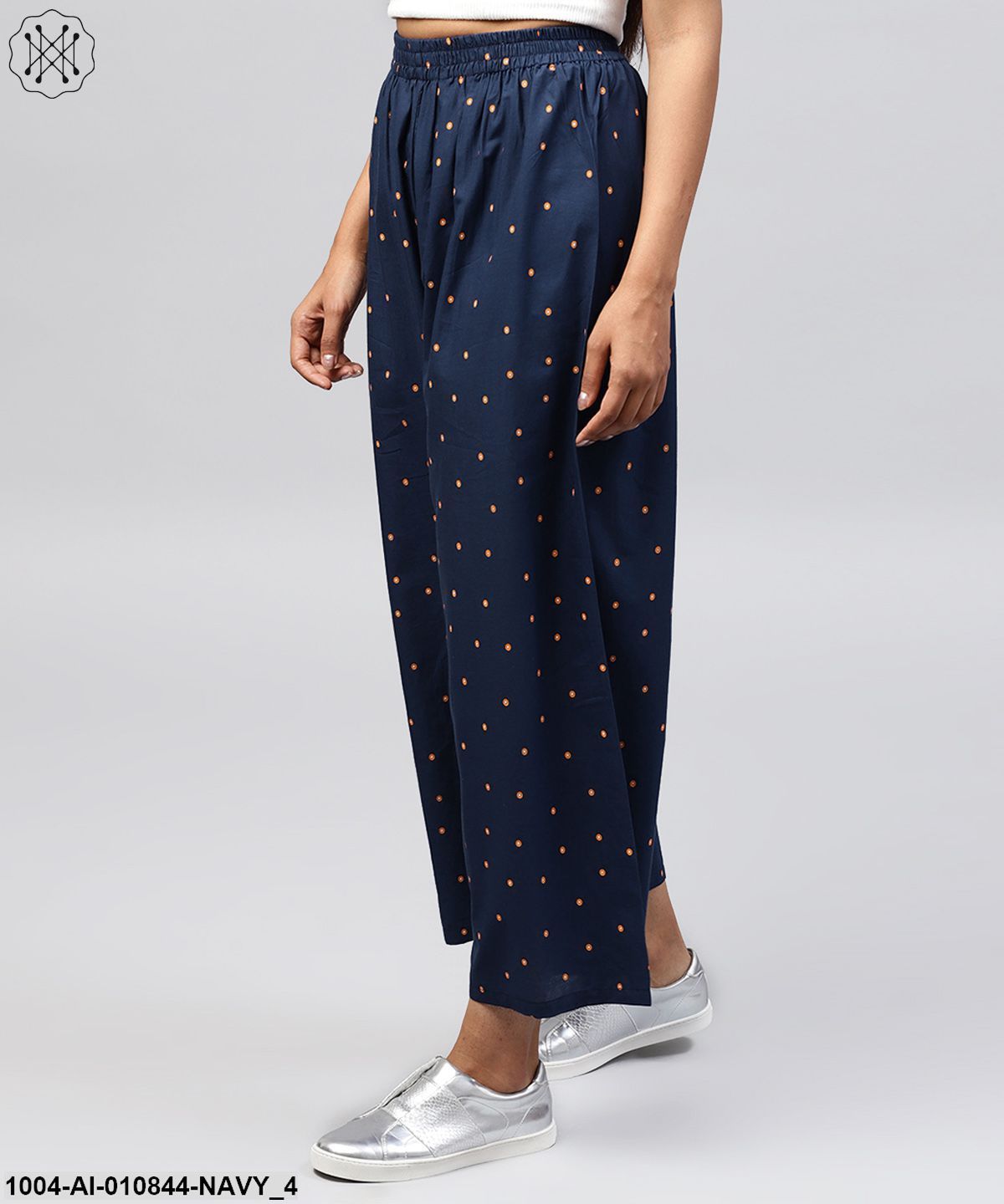 Navy Blue Printed Cotton Ankle Length Pallazo