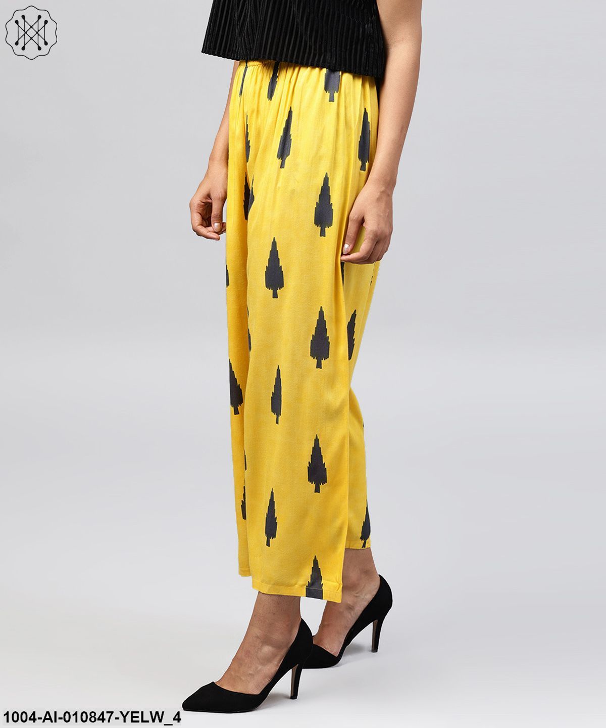 Yellow Printed Ankle Length Cotton Straight Pallazo