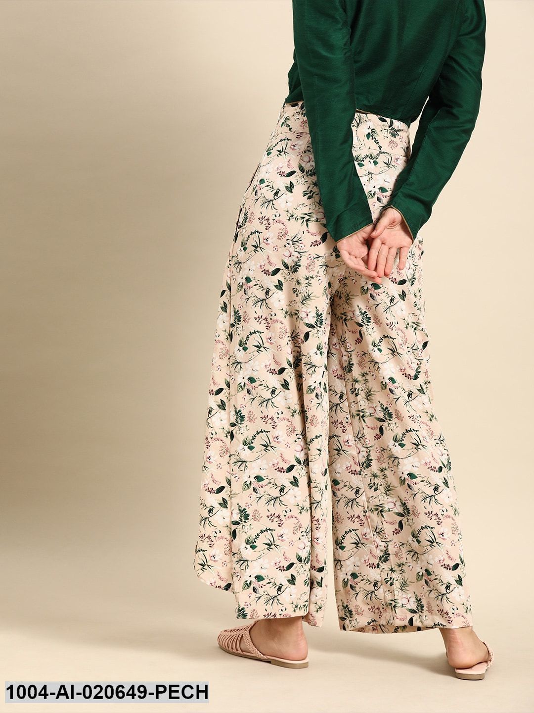 Peach-Coloured & Green Printed Wide Leg Palazzos