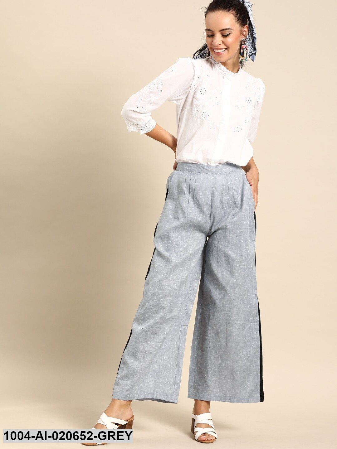 Grey Self Design Wide Leg Palazzos With Side Stripe Detail