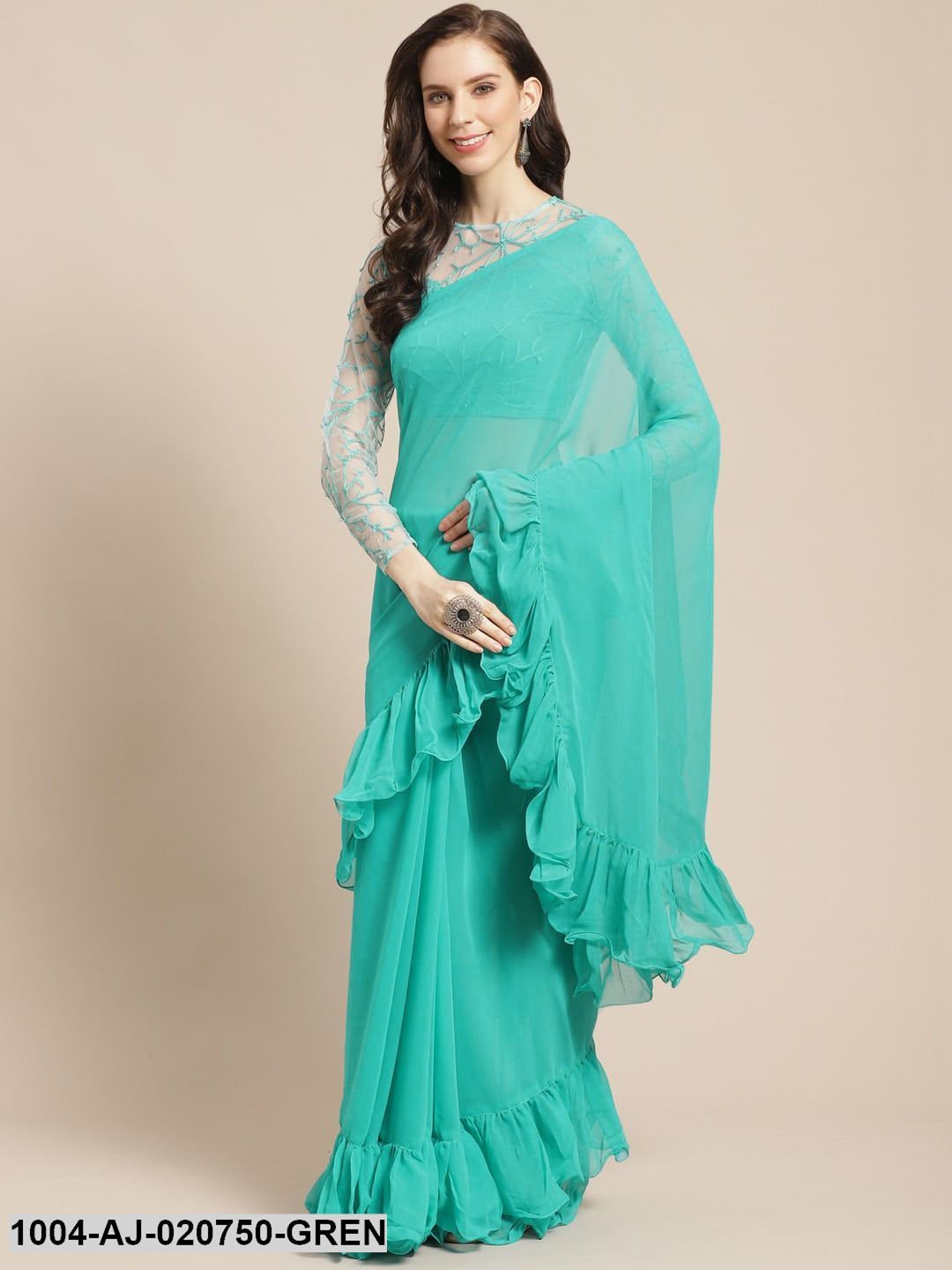Green Solid Pure Georgette Ruffled Saree
