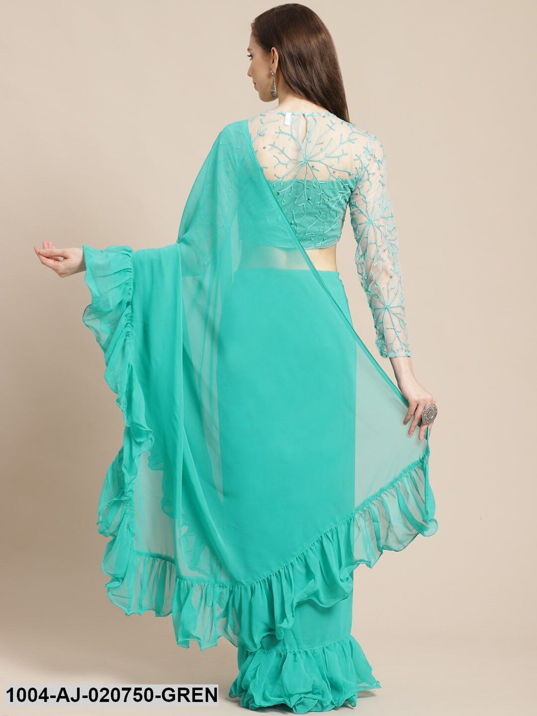 Green Solid Pure Georgette Ruffled Saree