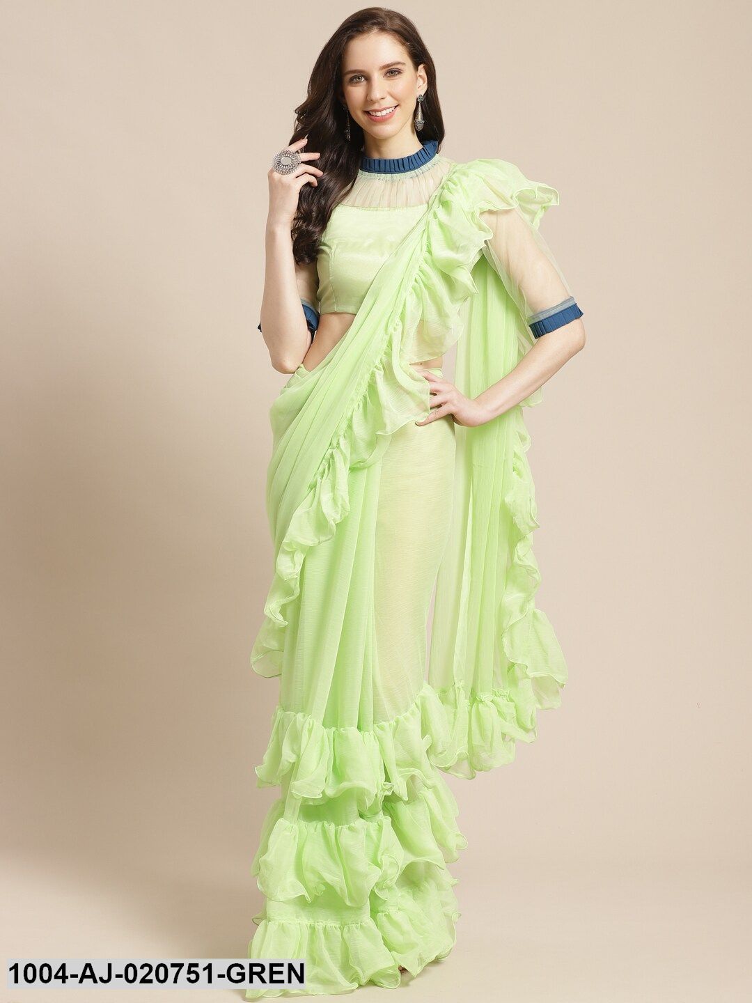 Green Solid Pure Chiffon Ruffled Saree