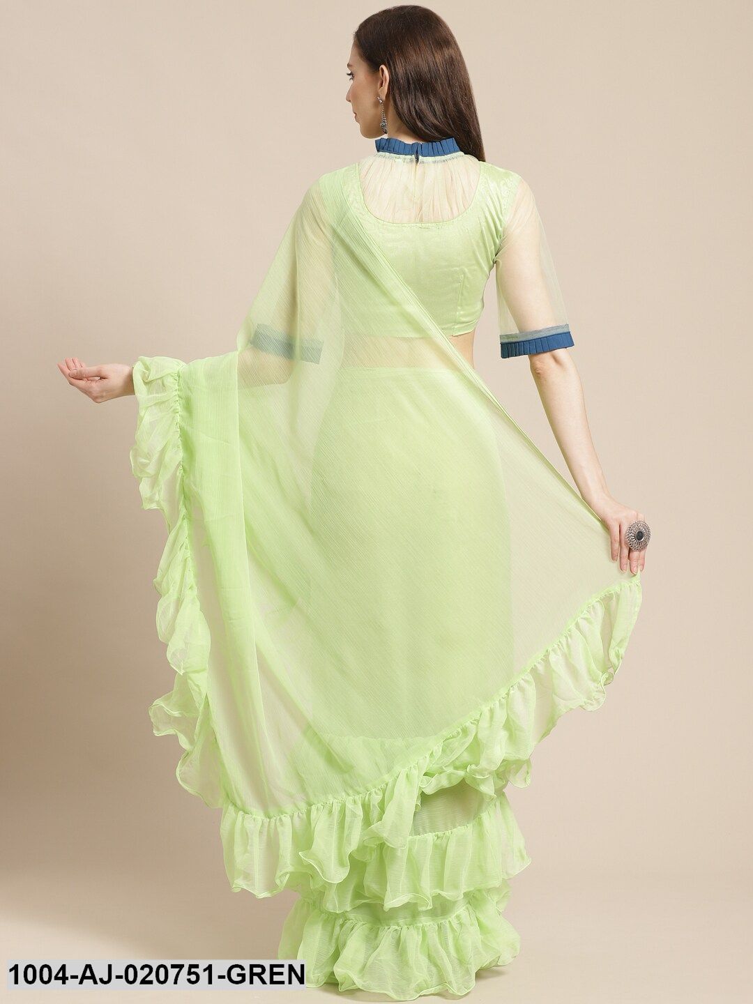 Green Solid Pure Chiffon Ruffled Saree
