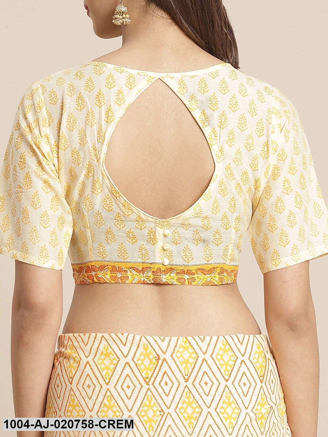 Cream-Coloured & Orange Pure Cotton Printed Saree