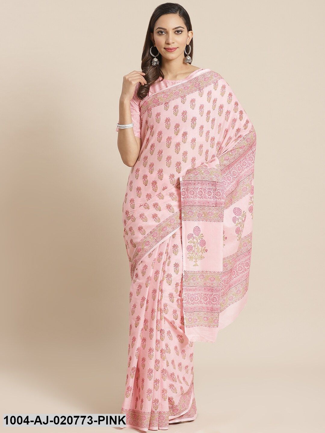 Pink & Green Pure Cotton Printed Saree