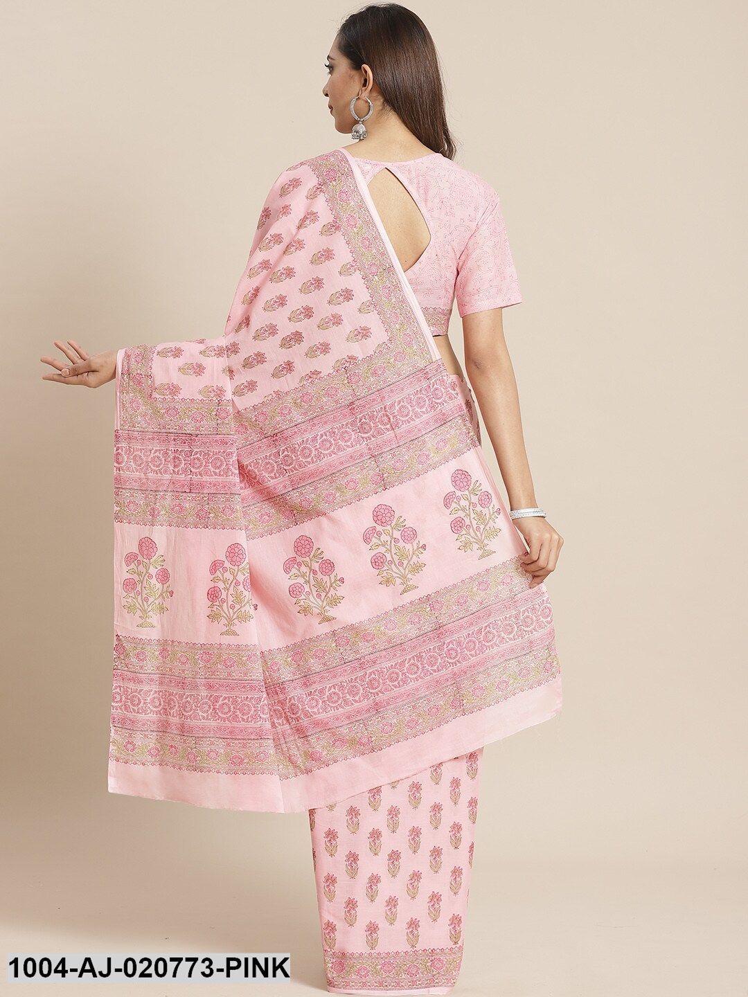 Pink & Green Pure Cotton Printed Saree