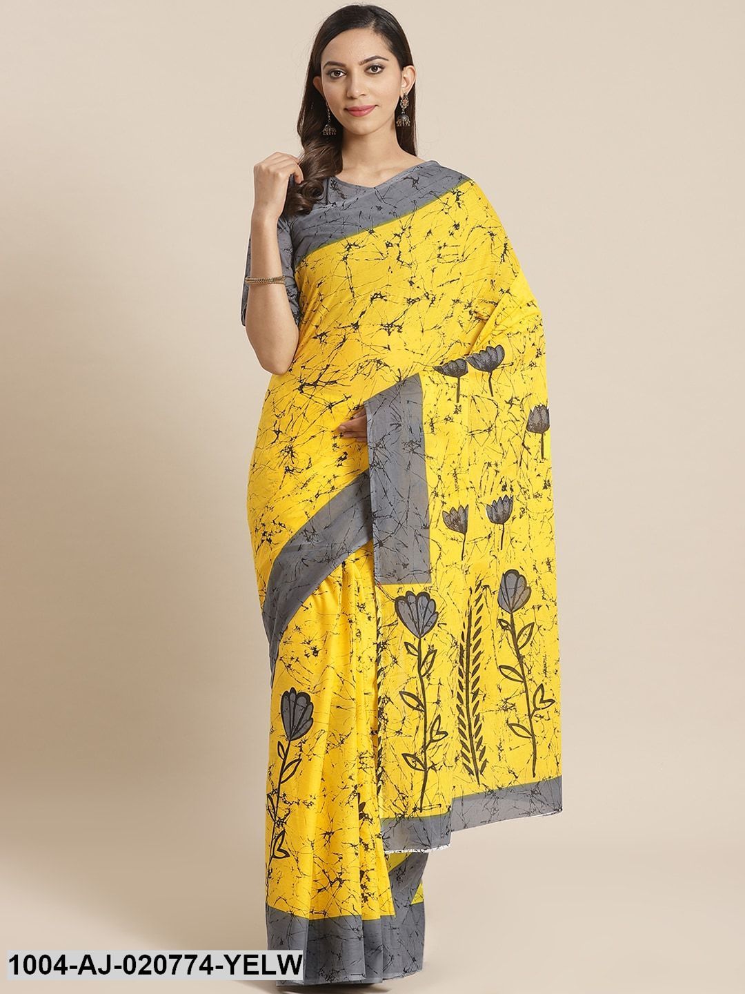Yellow & Grey Pure Cotton Printed Saree