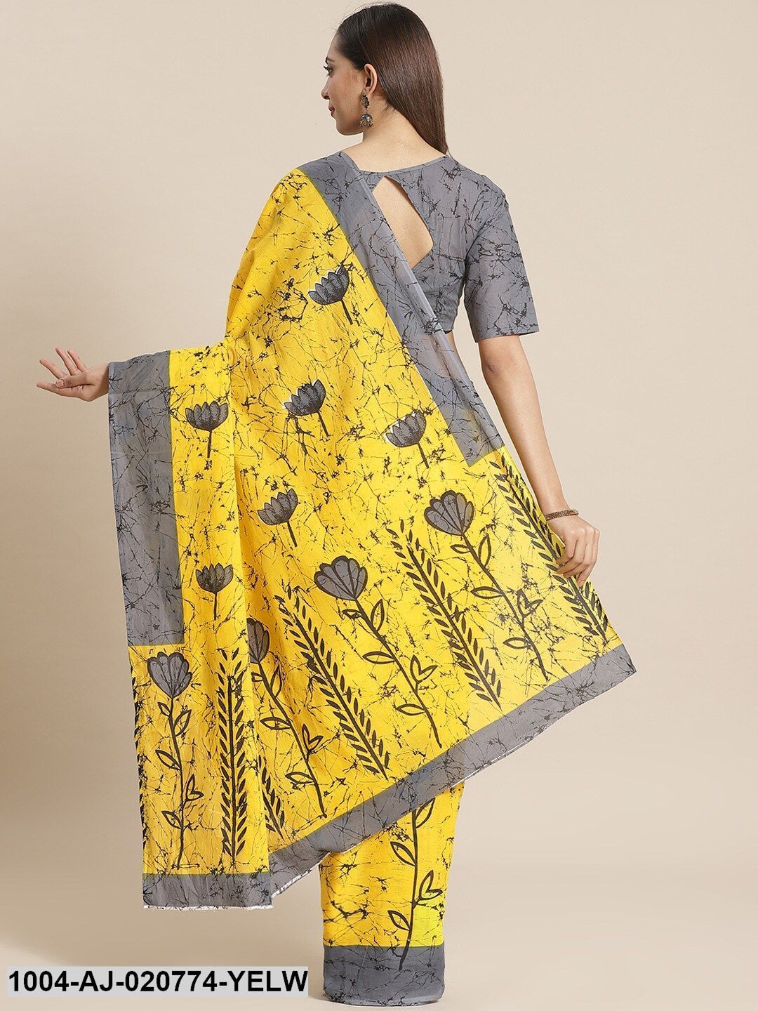 Yellow & Grey Pure Cotton Printed Saree