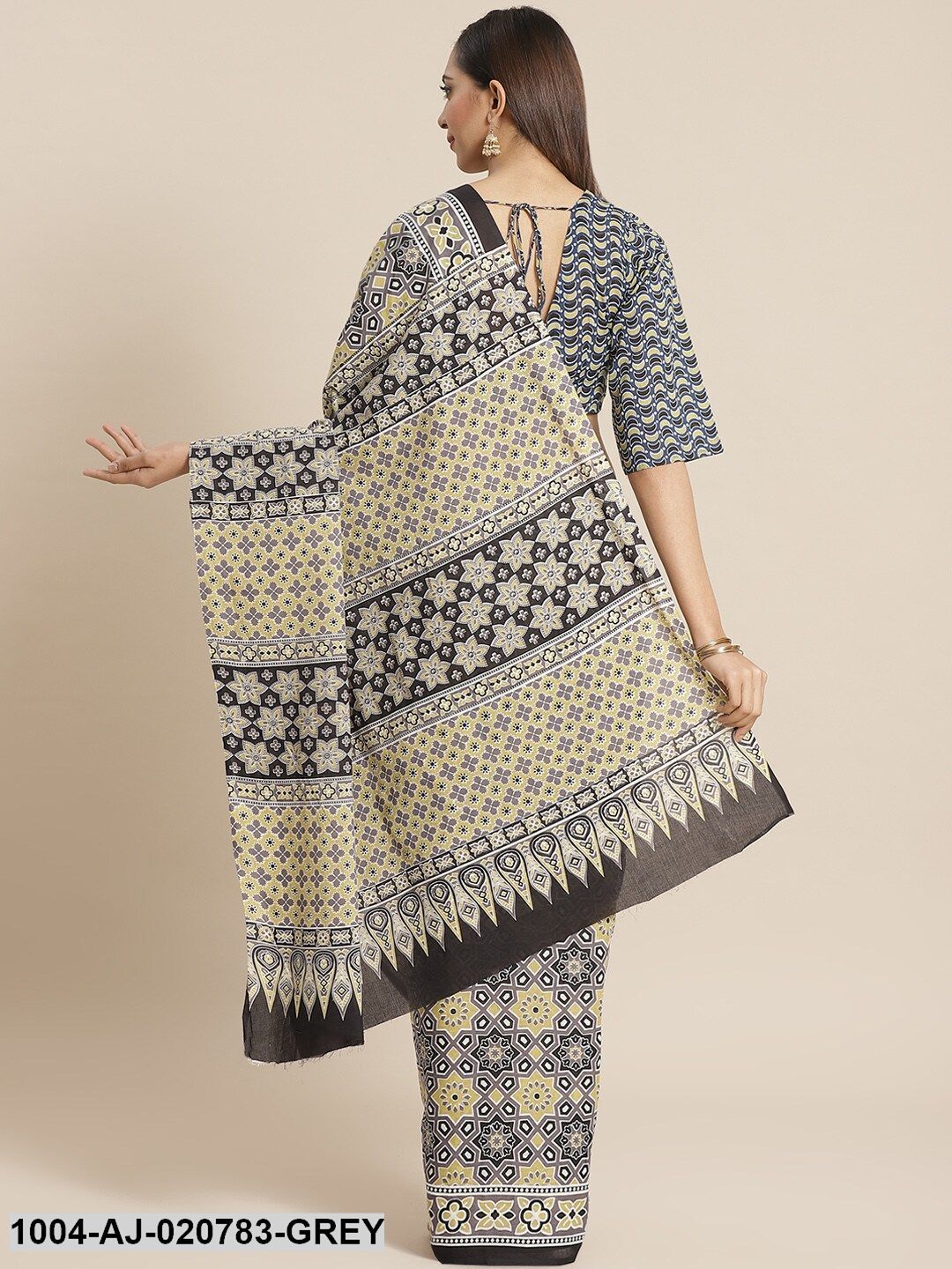 Grey & Yellow Pure Cotton Printed Saree