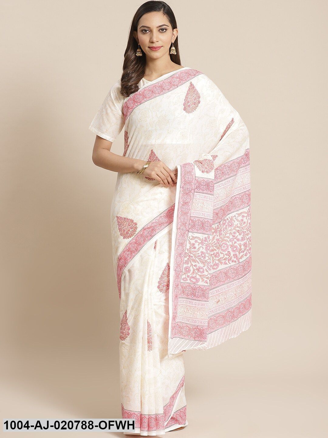 Off-White & Pink Pure Cotton Printed Saree