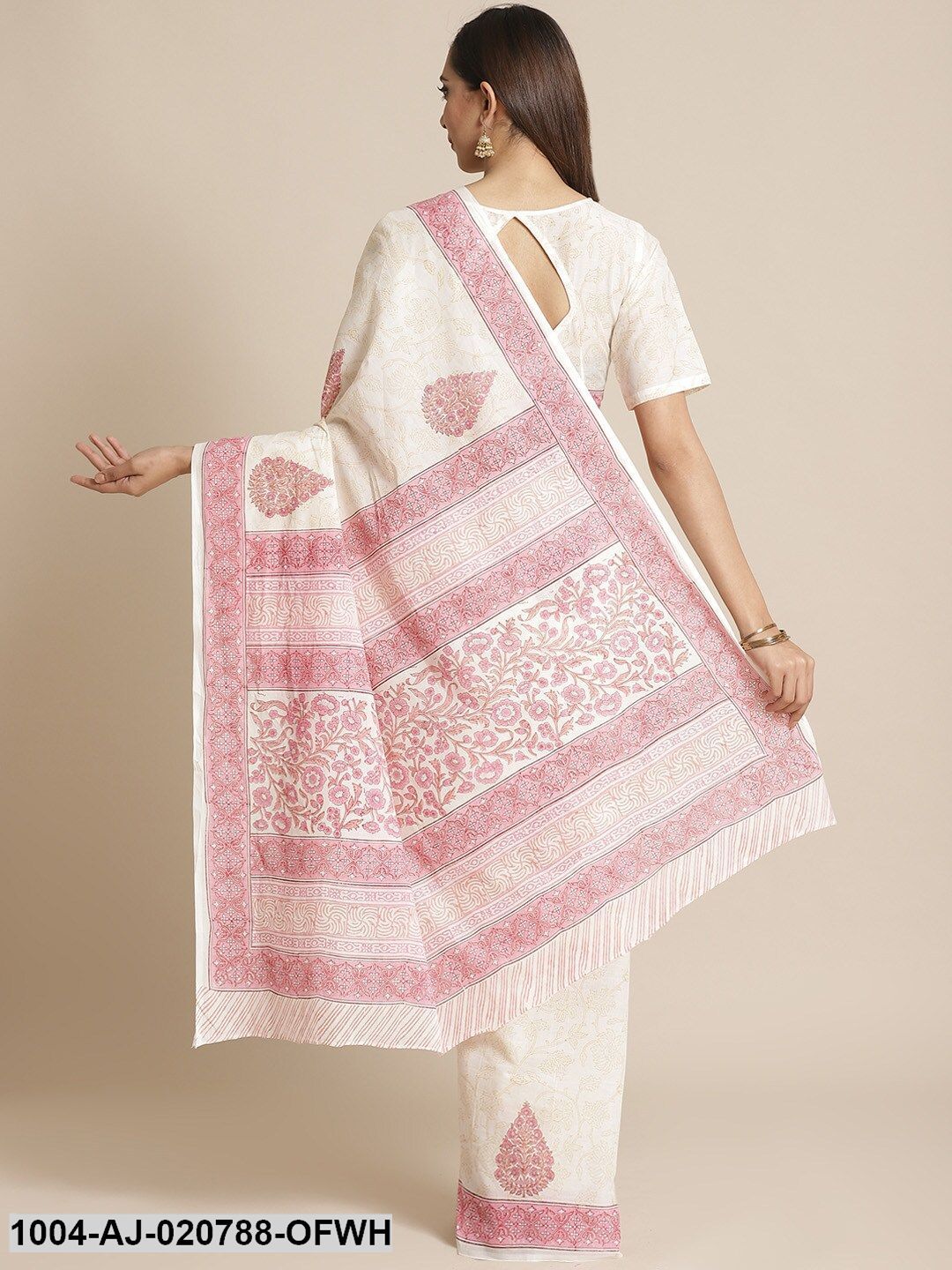 Off-White & Pink Pure Cotton Printed Saree