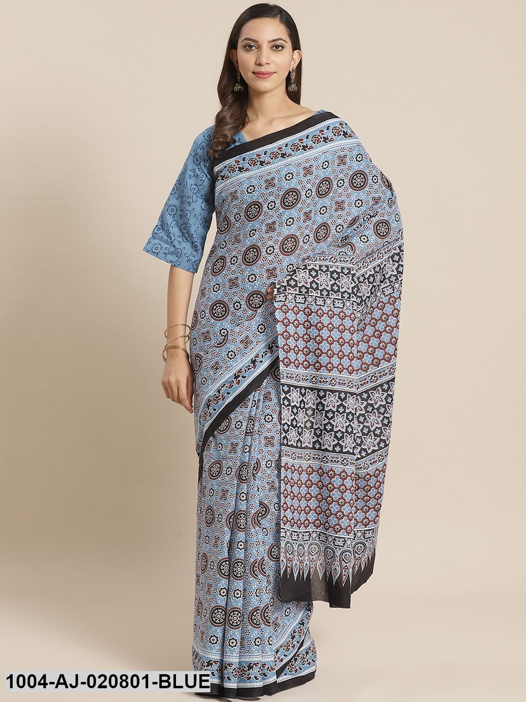 Blue & Maroon Pure Cotton Printed Saree