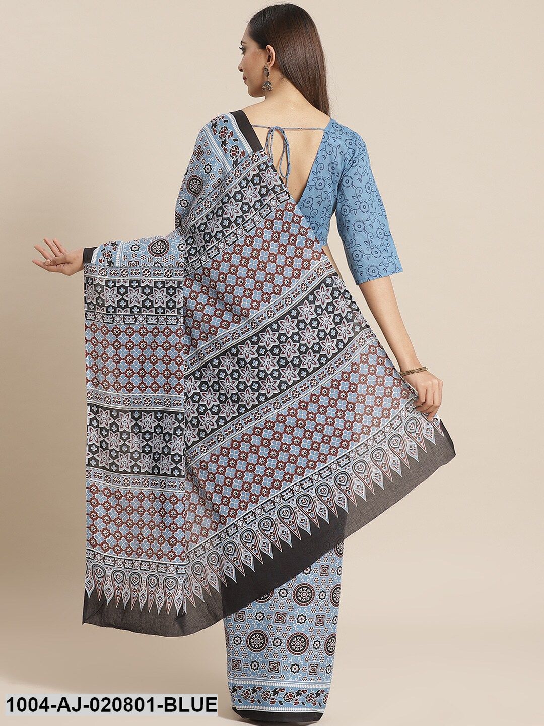 Blue & Maroon Pure Cotton Printed Saree