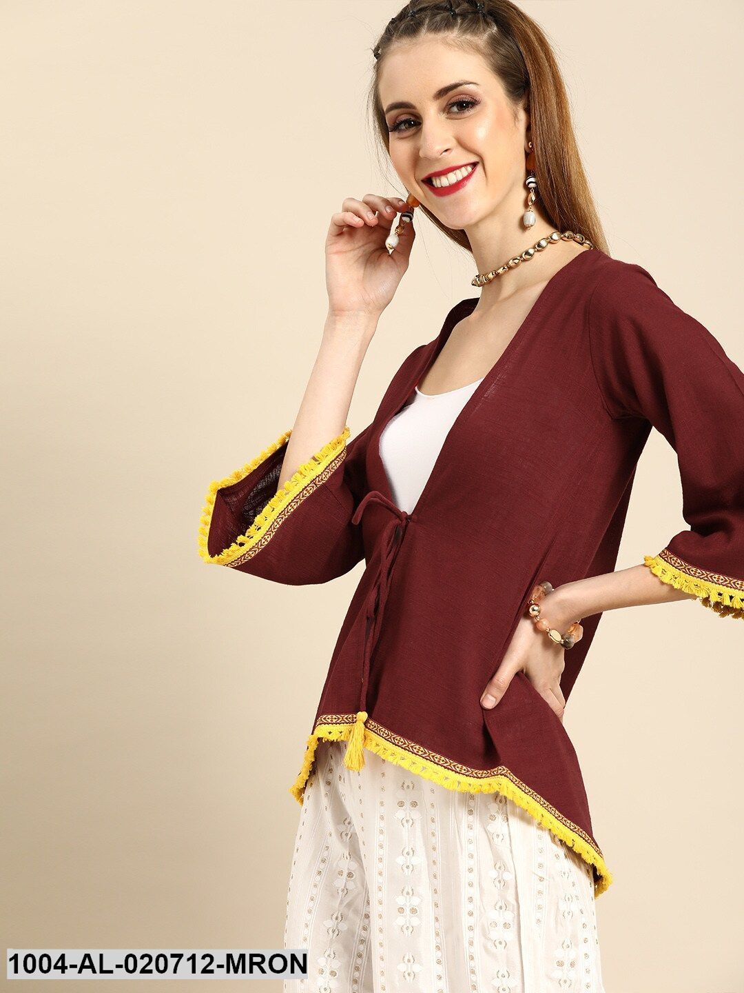 Maroon Solid Tie-Up Shrug With Tassel Detail