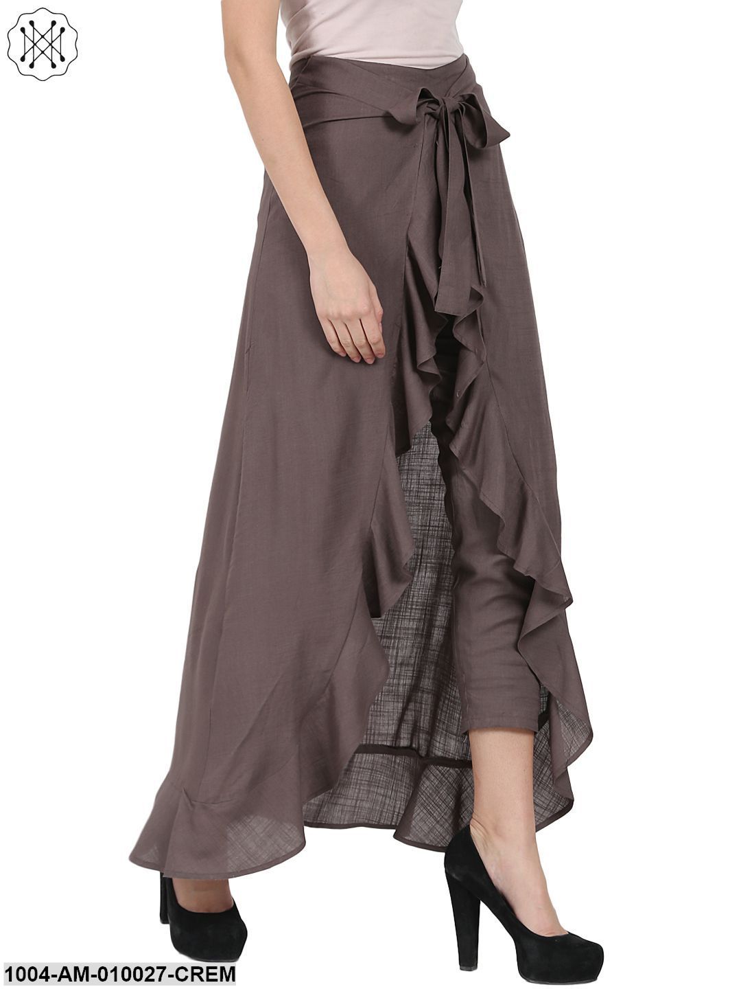 Taupe Ankle Length Rayon Slub Flared Skirt