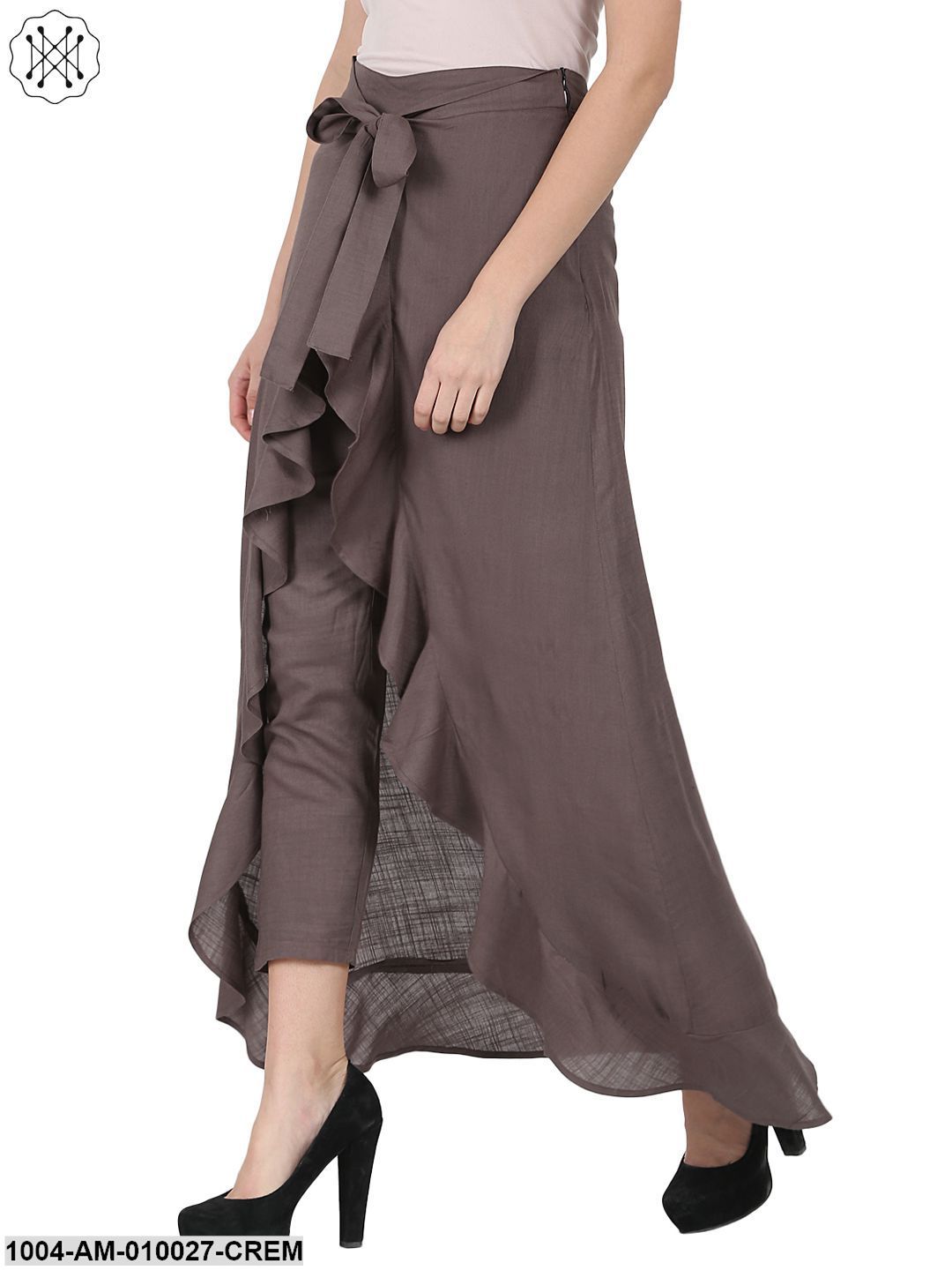 Taupe Ankle Length Rayon Slub Flared Skirt