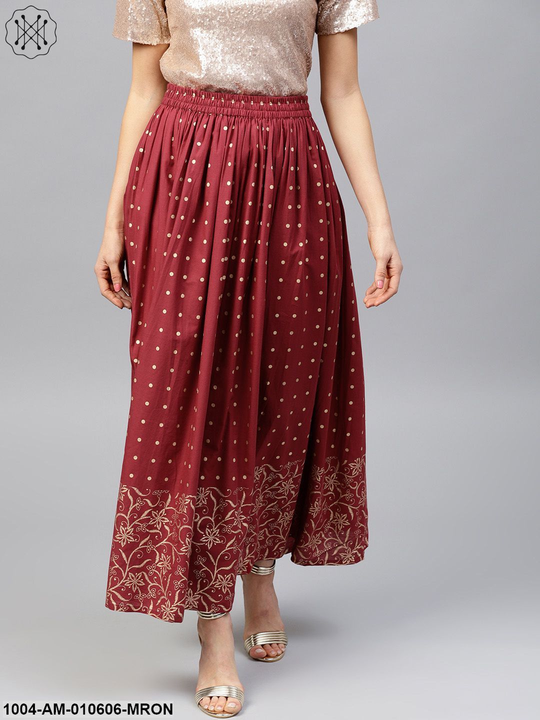 Maroon Printed Flared Ankle Length Skirt